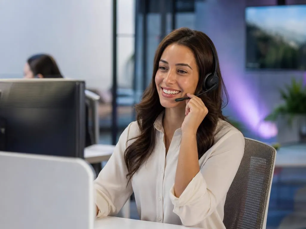 Conseillère support souriante avec un casque qui aide un client au téléphone