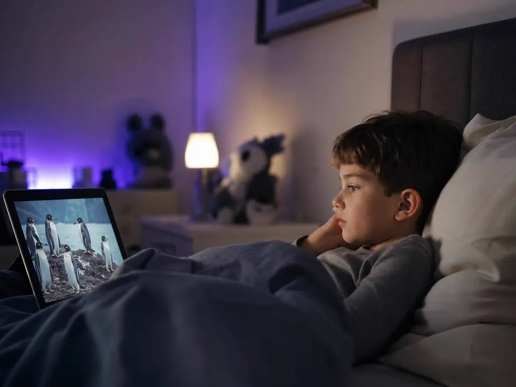 Enfant qui regarde une émission nature sur un iPad au lit
