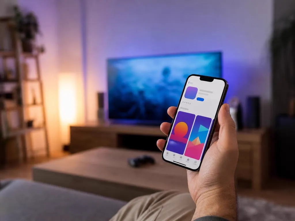 Main qui tient un smartphone affichant une page de store d’applis avec des tuiles abstraites
