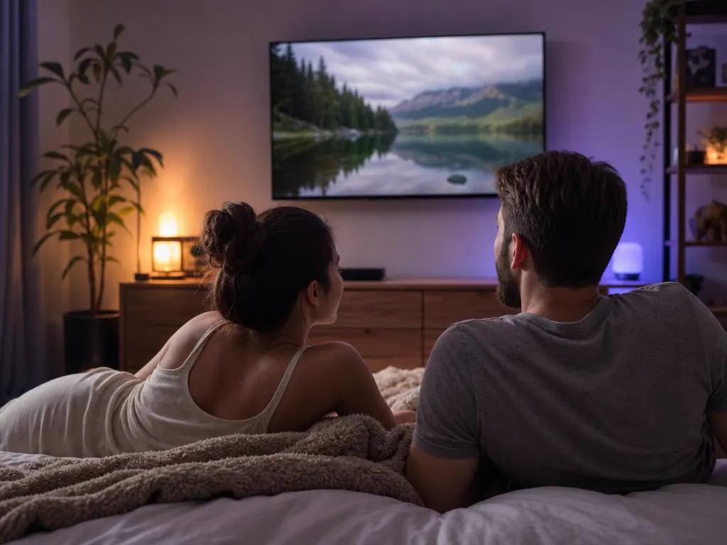 Chambre avec une TV murale qui affiche un programme nature apaisant