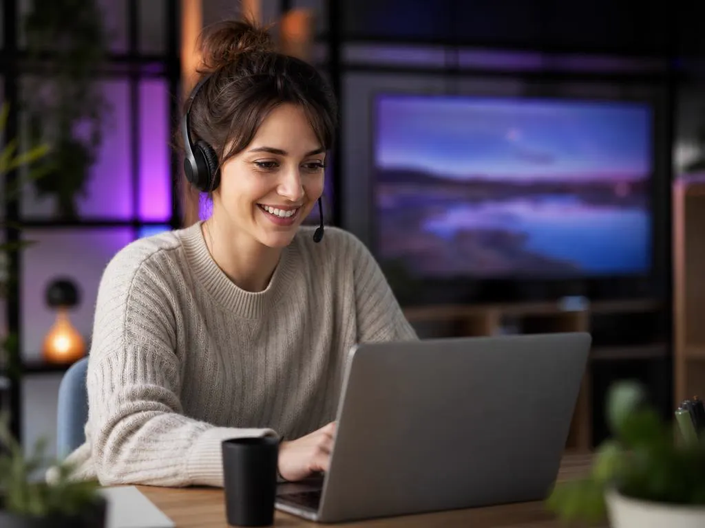 Conseillère support souriante avec un casque qui aide un client sur un portable