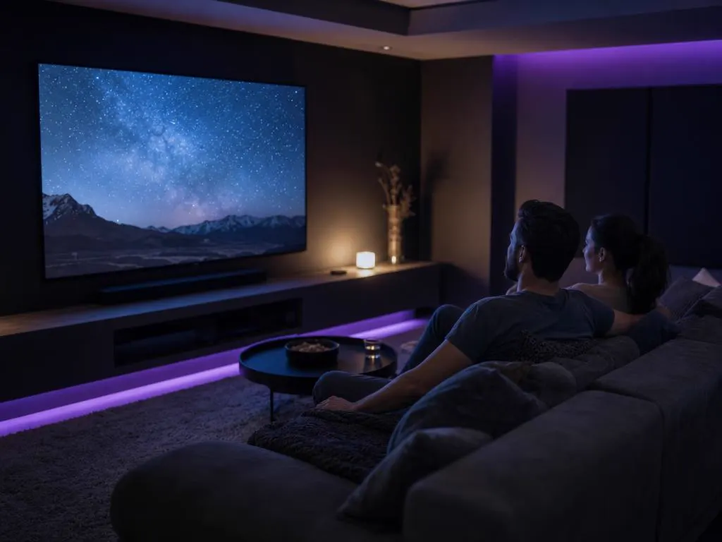 Salle de cinéma maison sombre avec une grande TV qui affiche un documentaire sur le ciel étoilé