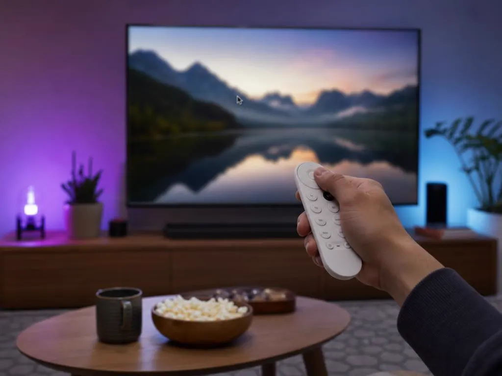 Main qui pointe une télécommande TV incurvée vers l’écran comme un pointeur, dans un salon chaleureux