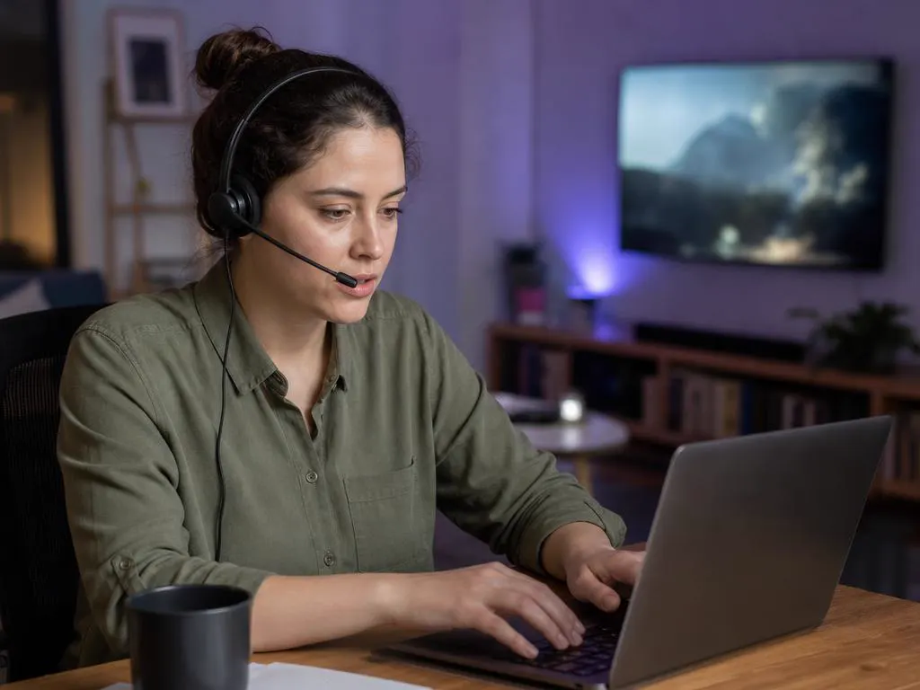 Conseiller support avec un casque qui tape sur un portable en aidant un client au téléphone