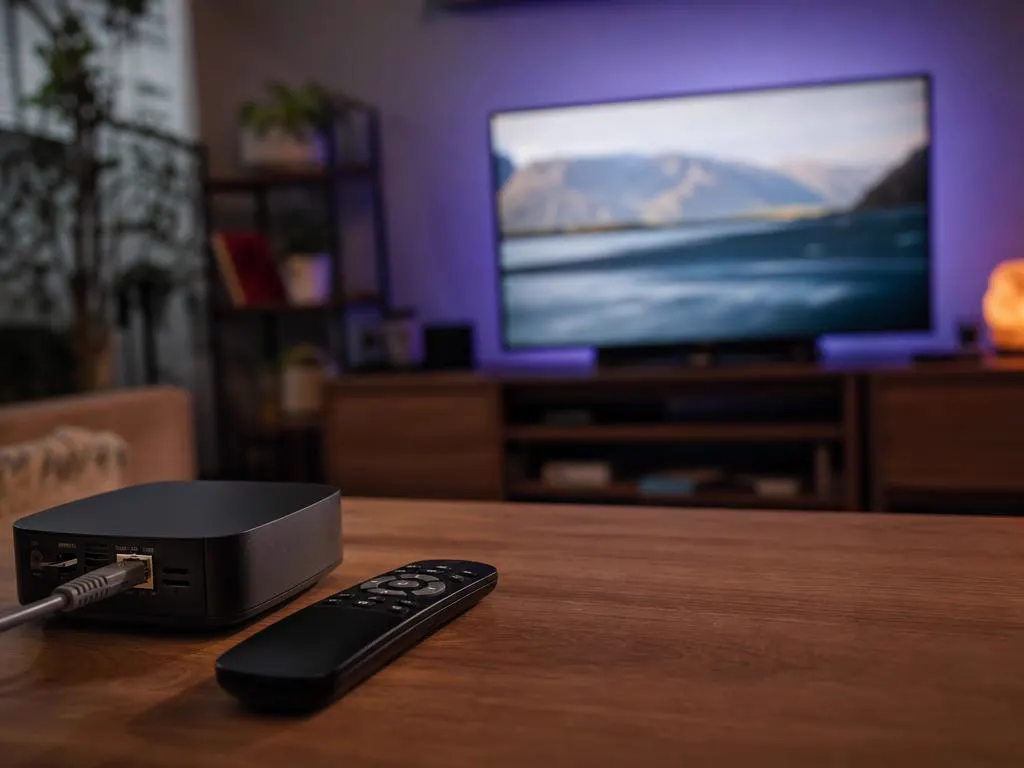 Câble Ethernet branché à l’arrière d’un boîtier TV compact