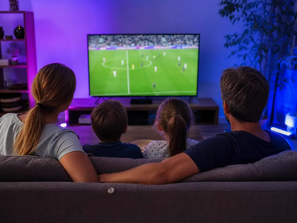 Famille devant un match en direct dans un salon, un boîtier sous la TV