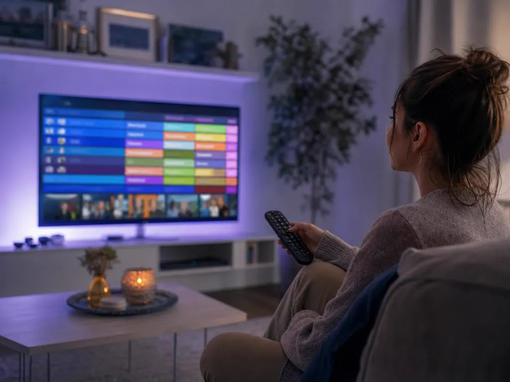 TV qui affiche une grille de guide TV colorée sans texte lisible