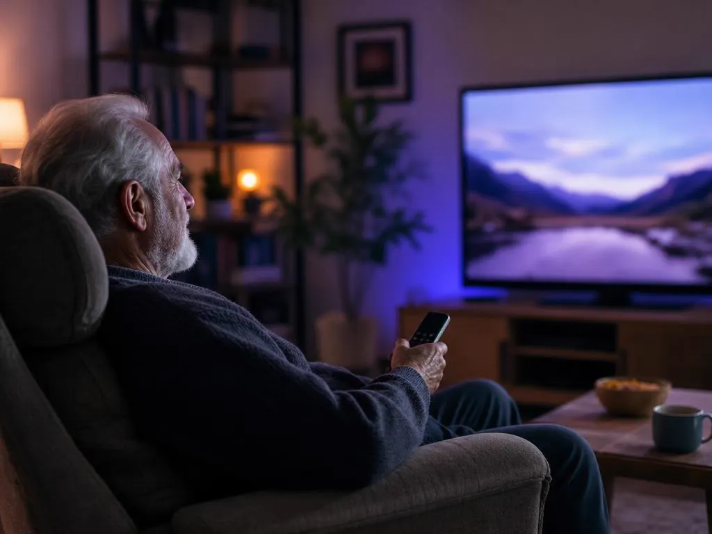 Grand-père détendu avec une télécommande simple dans un fauteuil confortable