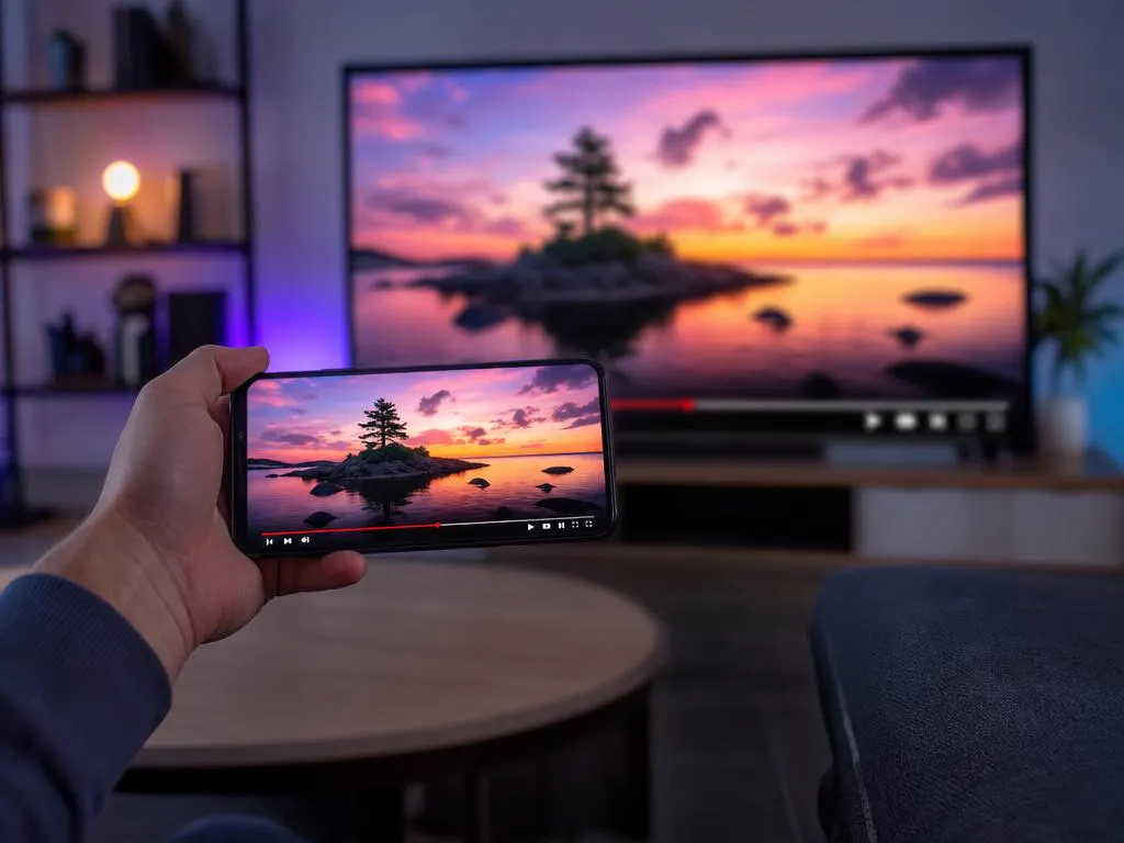 Gros plan d’une main qui tient un smartphone, une grande TV floue derrière