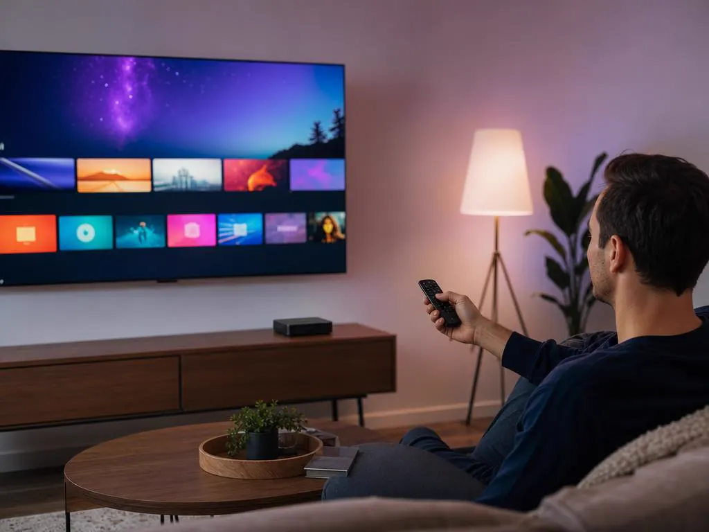 Boîtier de streaming de type Roku à côté d’une TV qui affiche une grille de tuiles d’applis colorées