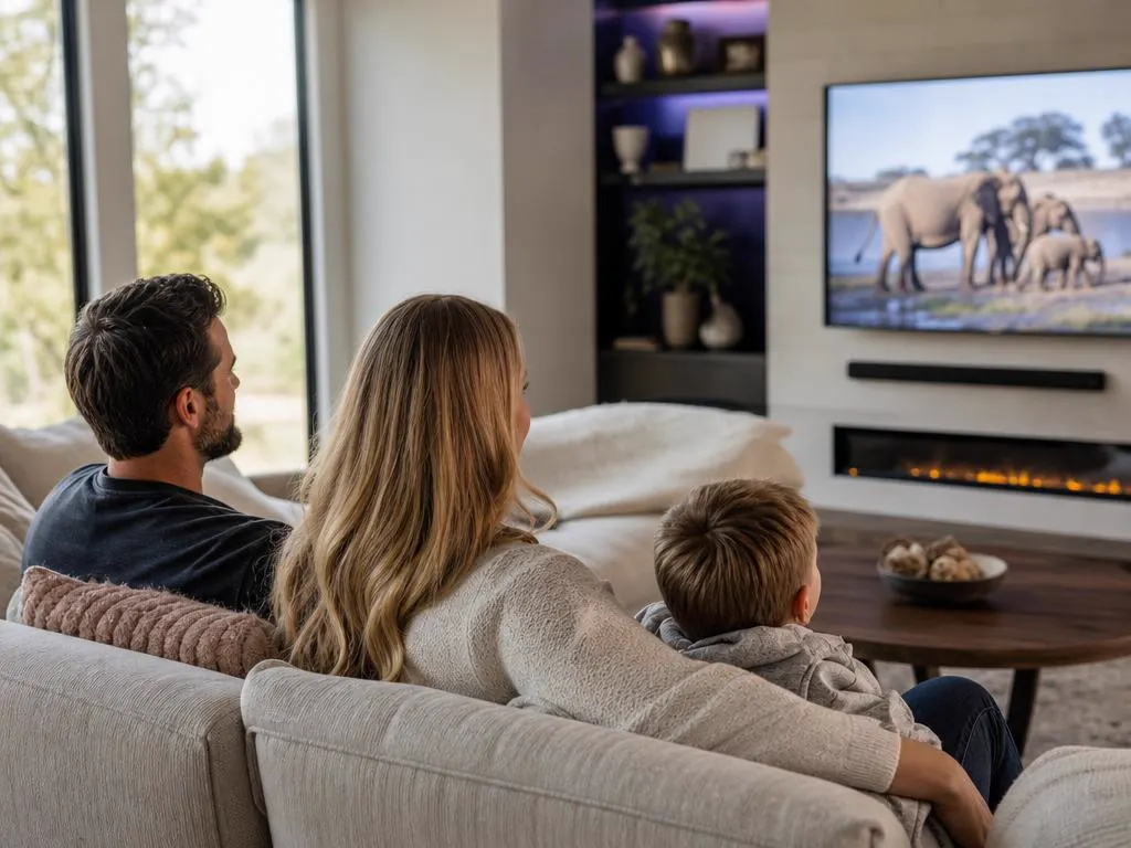 Famille devant un documentaire nature sur une grande Smart TV dans un salon lumineux