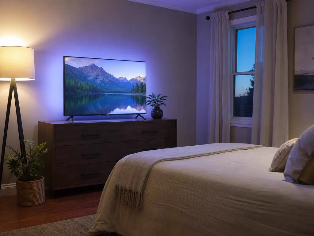 Chambre d’amis avec une Smart TV qui affiche un paysage apaisant