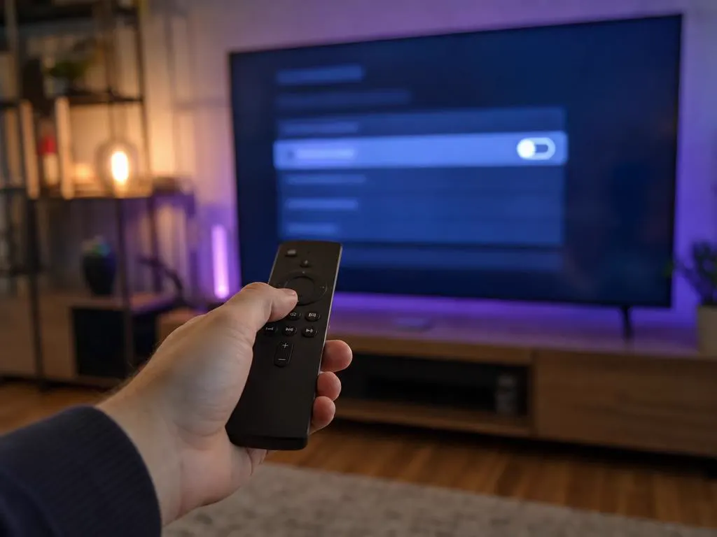 Main qui tient une fine télécommande de streaming pointée vers une TV qui affiche une liste de réglages abstraite
