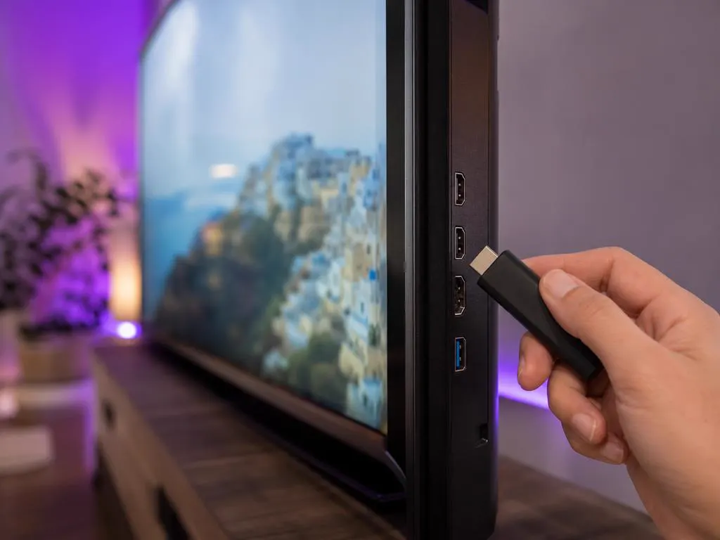 Main qui branche une petite clé de streaming sur le port HDMI d’une Smart TV