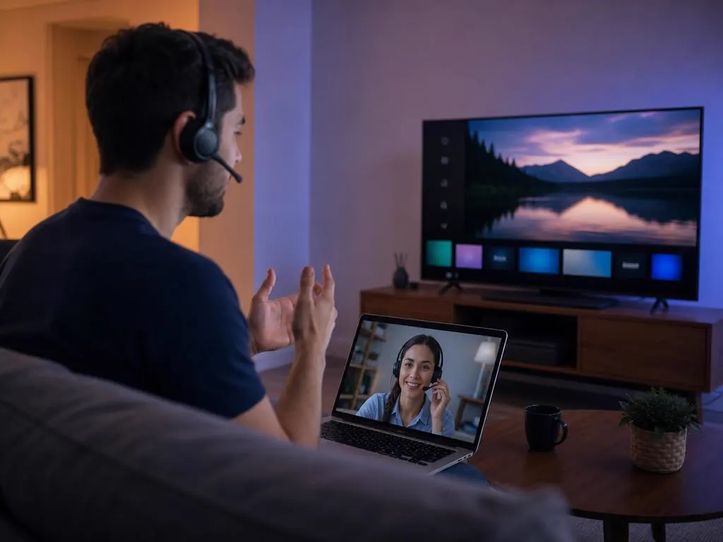Conseiller support avec un casque qui aide un client à configurer une Smart TV en visio