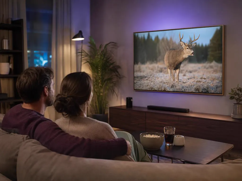 Salon avec une TV murale façon cadre qui affiche un documentaire nature en direct
