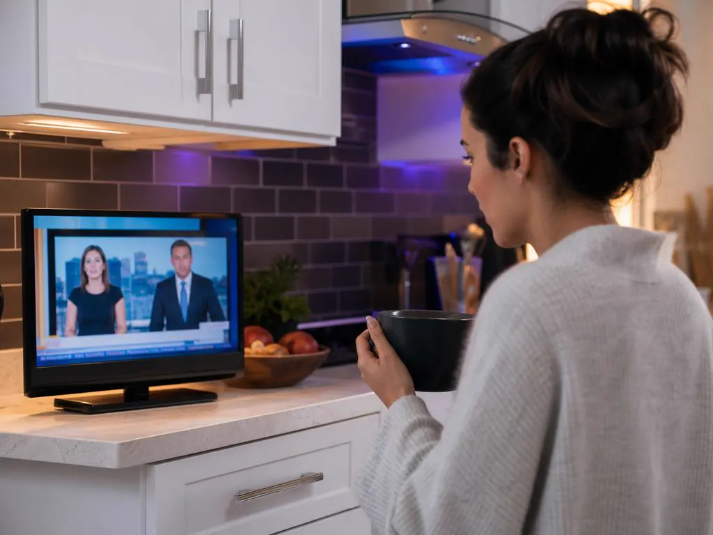 Cuisine avec une petite Smart TV qui affiche les infos du matin