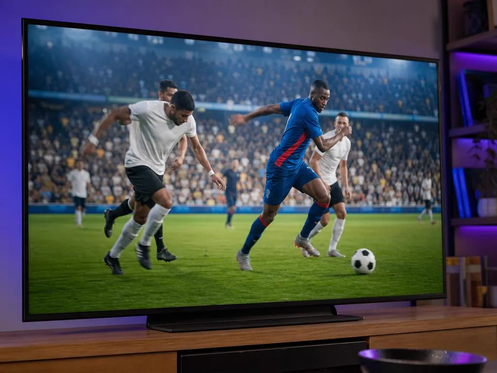 Gros plan d’une TV qui affiche un match de football rapide avec un mouvement net