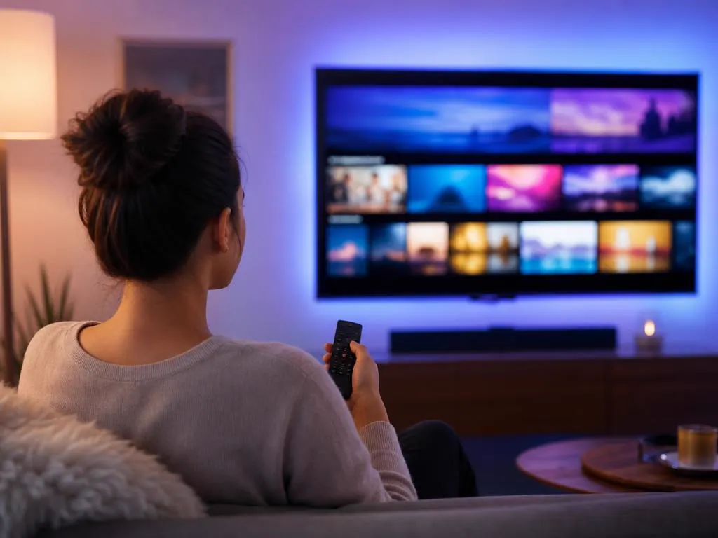 Écran d’accueil d’une Smart TV de type Samsung avec des rangées de tuiles d’applis et de chaînes colorées