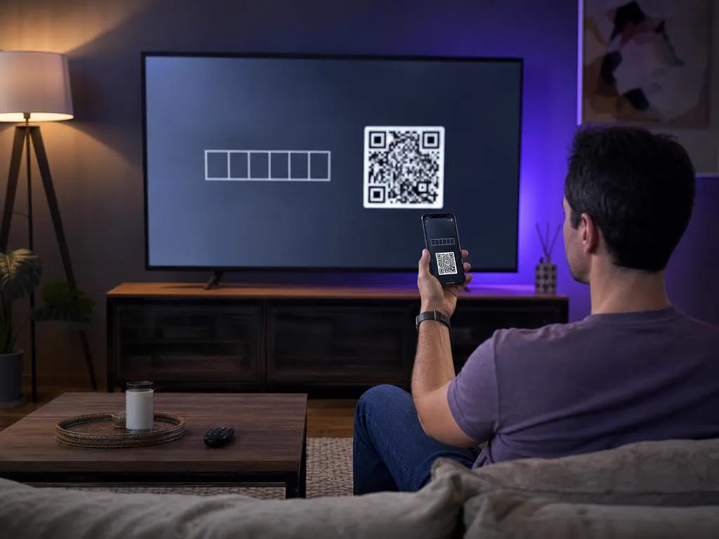 Homme qui compare son téléphone avec un écran d’activation sur la TV