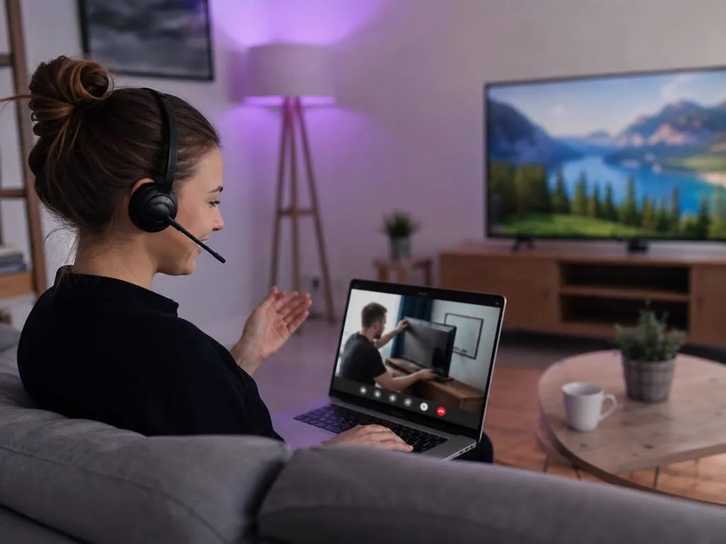Conseillère support avec un casque qui aide un client à configurer une TV en visio