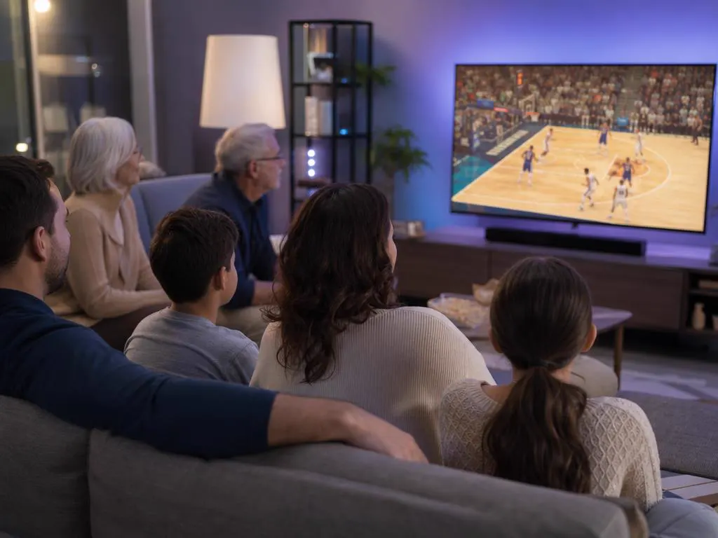 Famille de plusieurs générations devant un match de basket sur une grande Smart TV