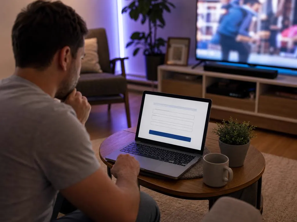 Portable sur une table basse qui affiche un formulaire web simple, une TV allumée derrière