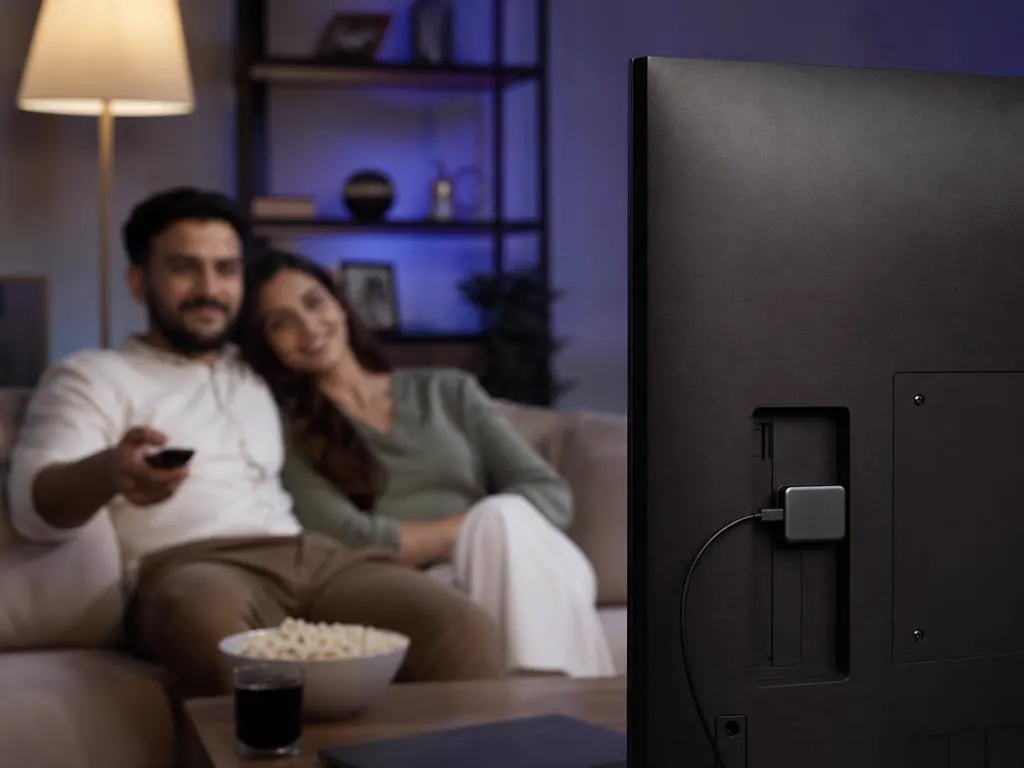 Petite clé de streaming branchée sur le port HDMI à l’arrière d’une TV