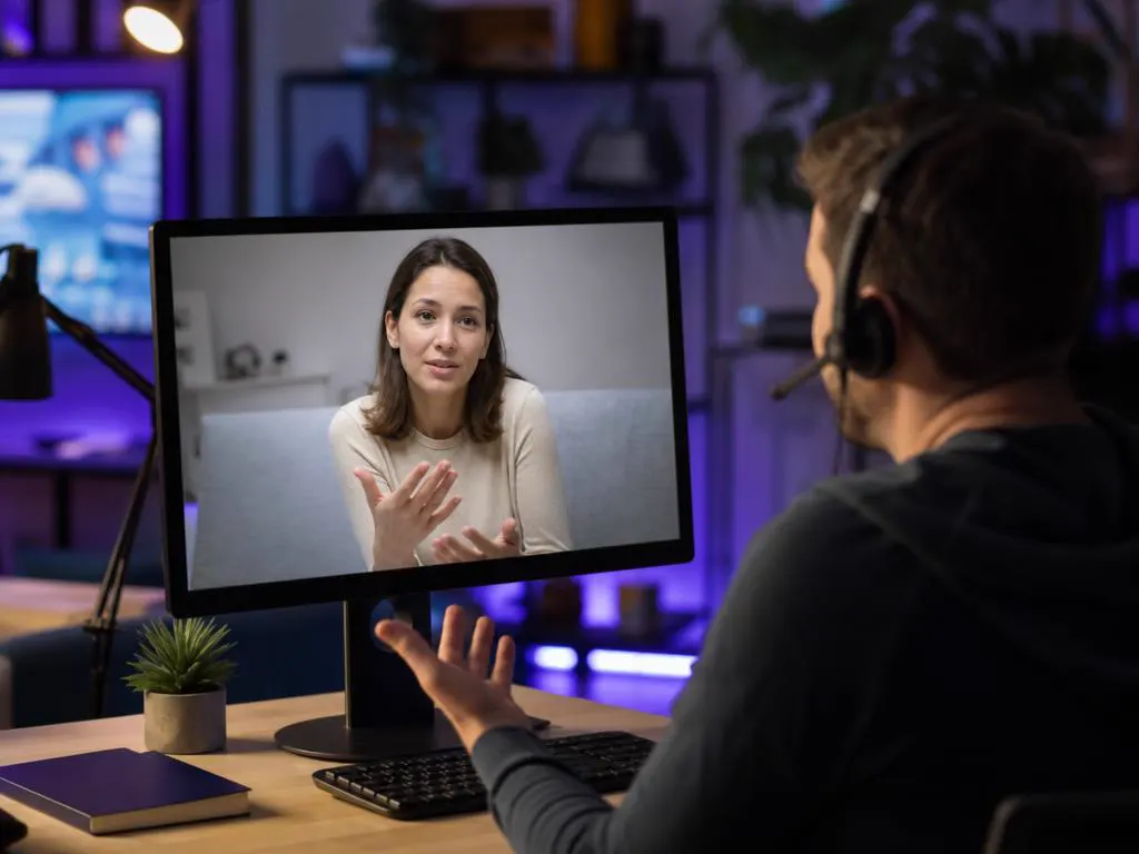 Conseiller support à un bureau qui aide un client en visio