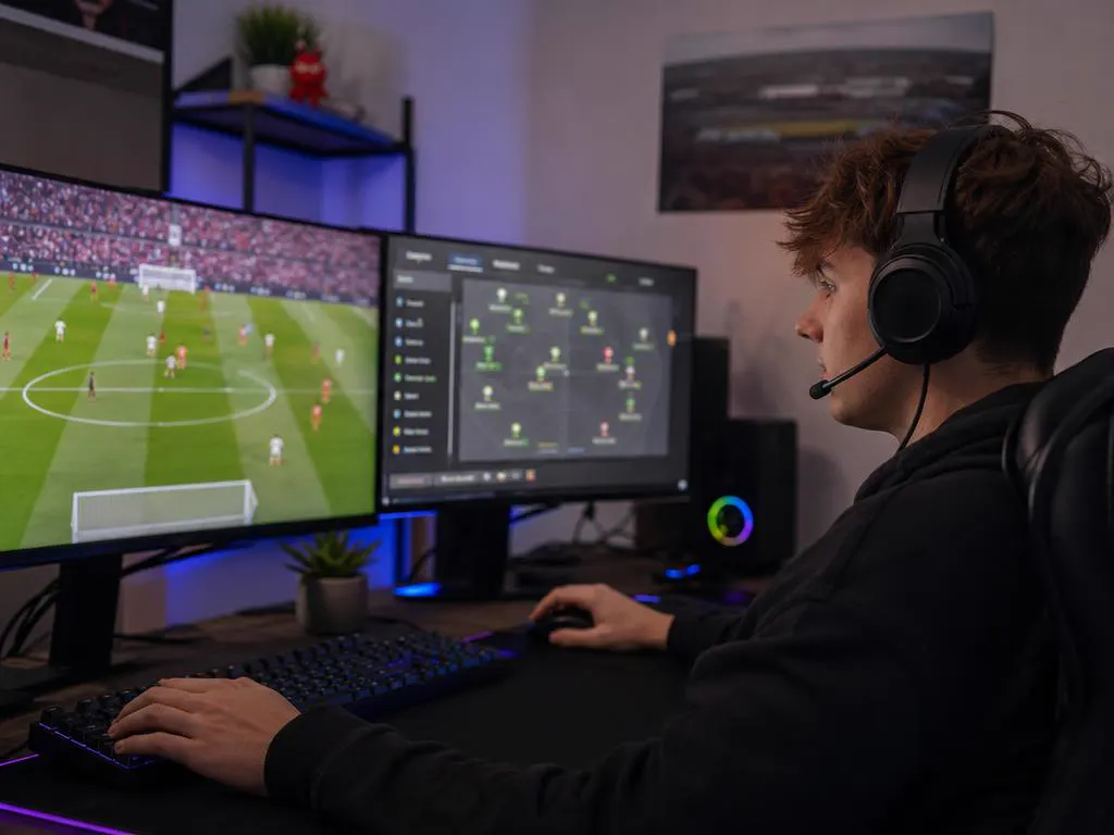 Installation gaming avec un match en direct sur un écran et un guide sur l’autre
