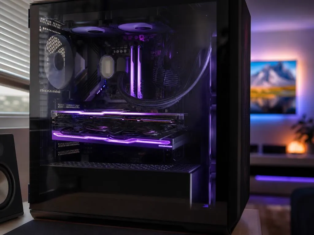 Gros plan d’un PC de bureau avec une carte graphique qui brille doucement dans un boîtier vitré