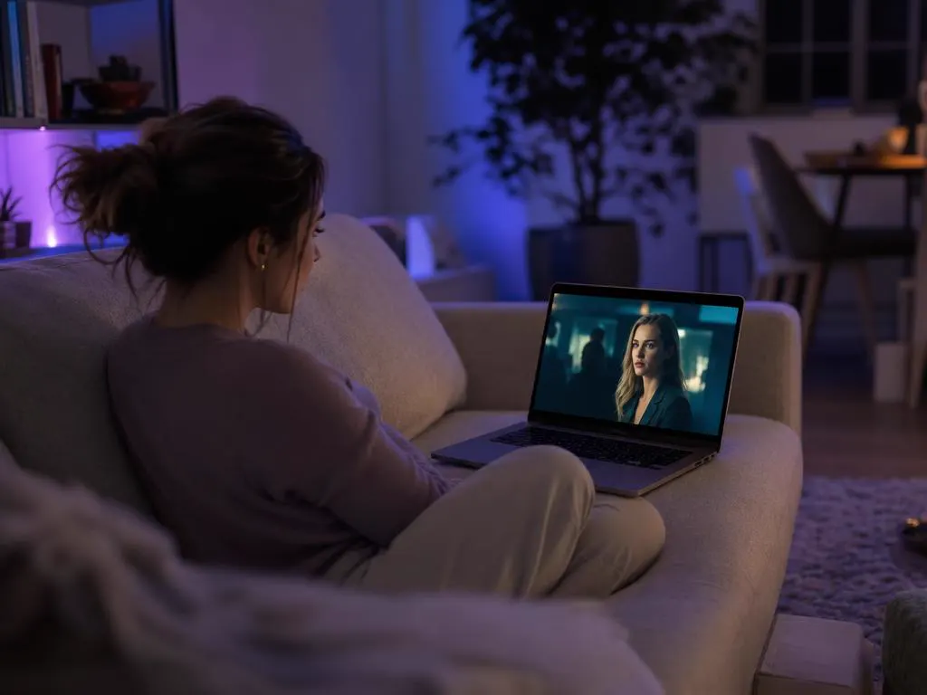 Femme qui regarde une série sur un portable dans le canapé