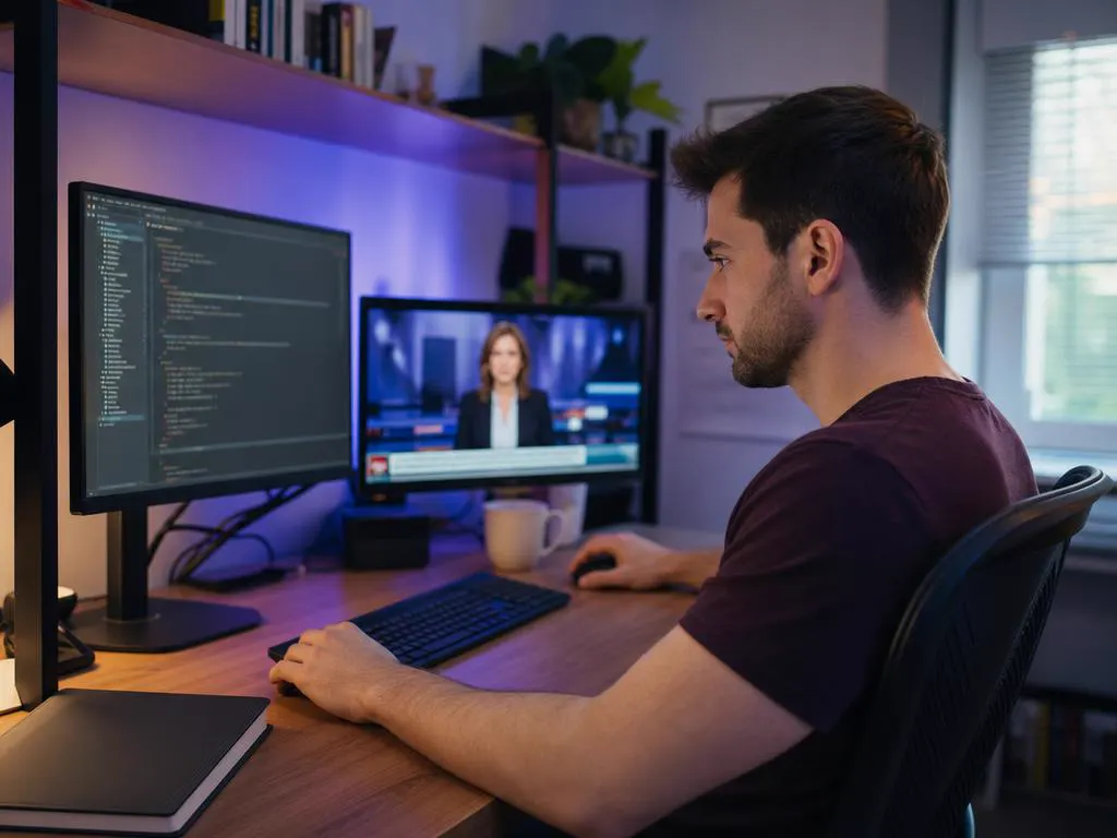 Bureau à domicile avec un deuxième écran qui diffuse les infos en direct