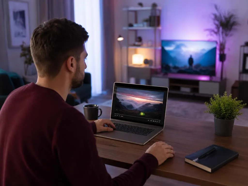 Portable sur un bureau qui affiche une fenêtre de lecteur multimédia avec un paysage coloré