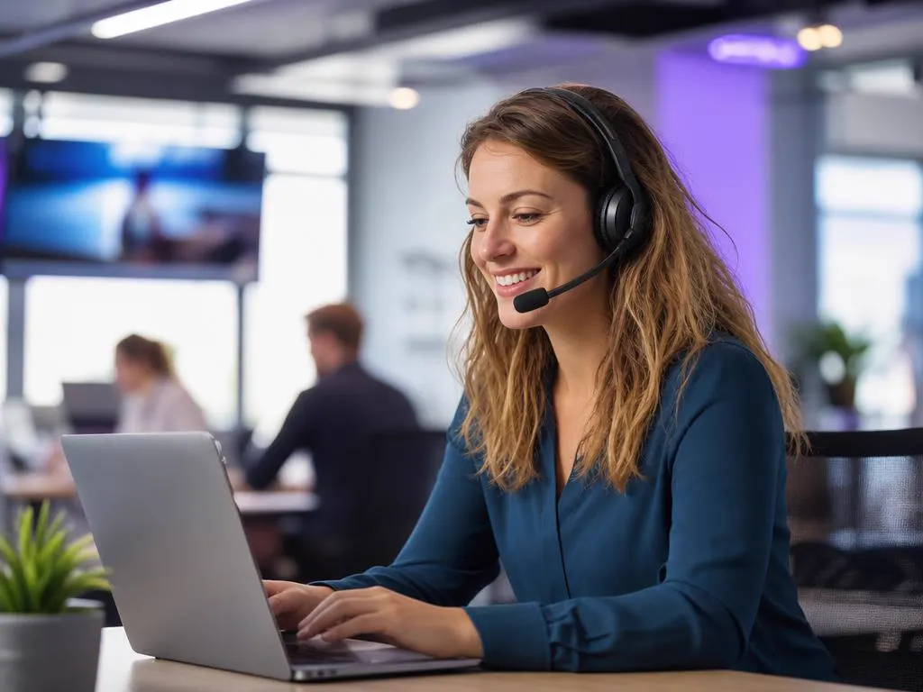 Support agent with a headset smiling while sending login details from a laptop