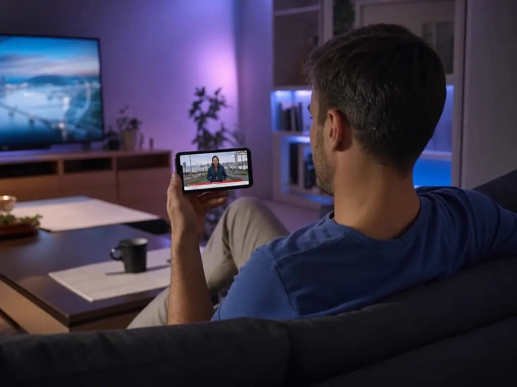 Man watching live news on a phone on the couch