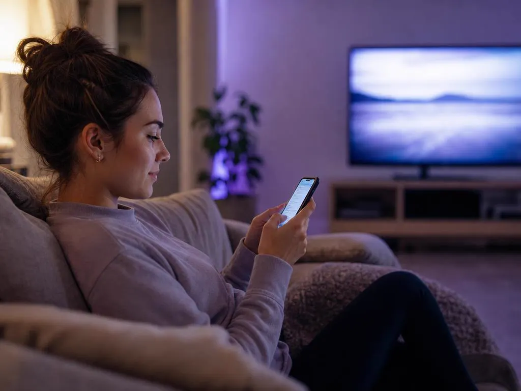 Woman on a sofa typing a short message on her phone with a TV in the background