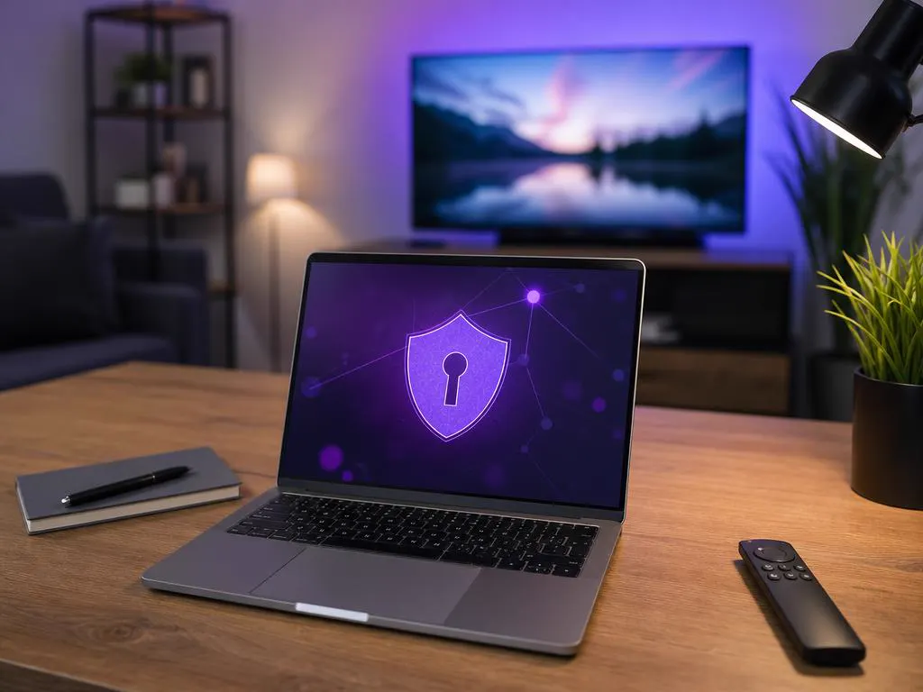 Laptop showing an abstract security shield next to a TV remote on a desk