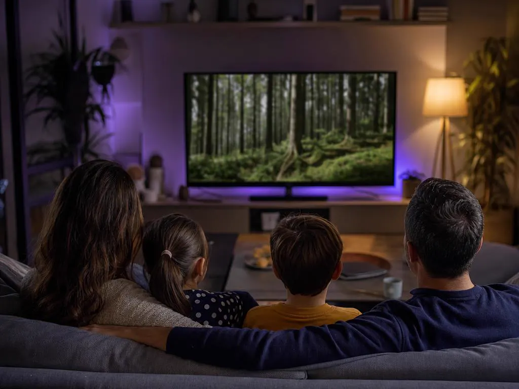 Family relaxed on a sofa enjoying a smooth nature documentary on a big TV