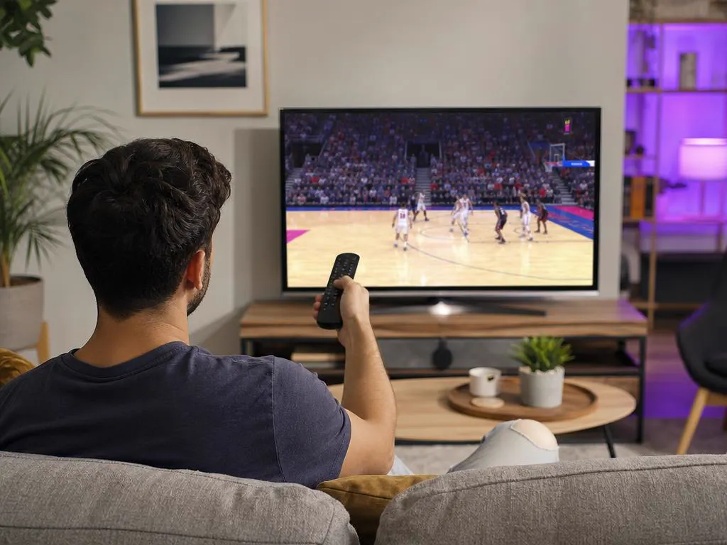 Man pointing a remote at a TV showing a crisp live sports picture