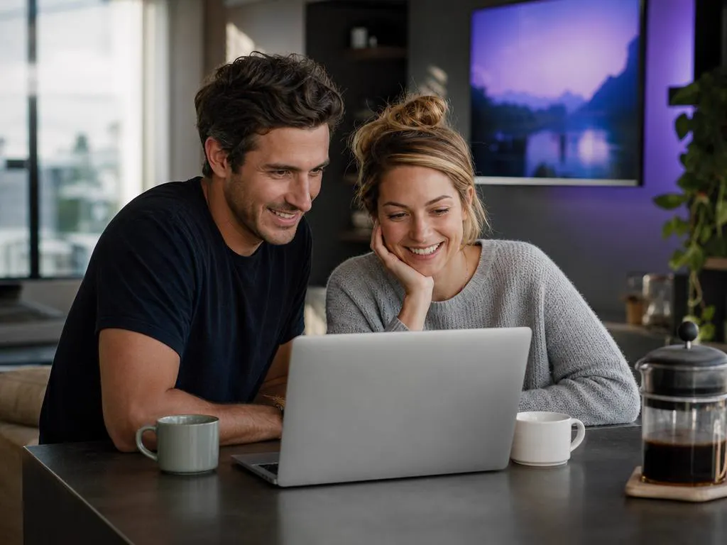 Couple comparing IPTV plans on a laptop at the kitchen table