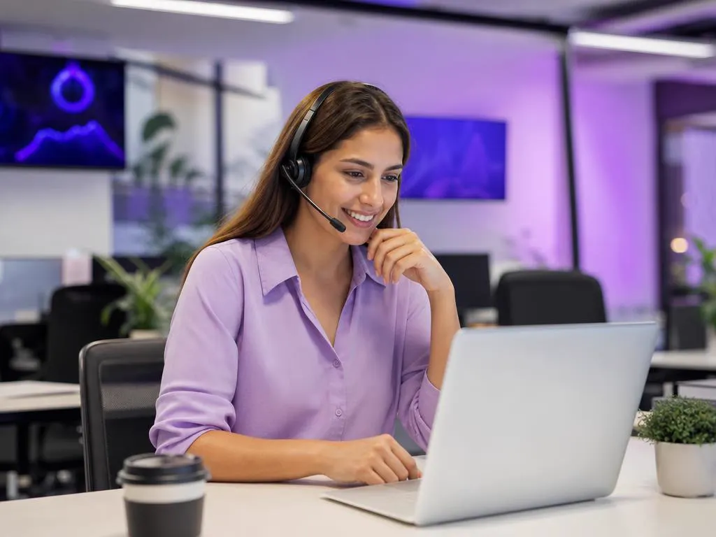 Support agent with a headset smiling at a laptop in a bright office