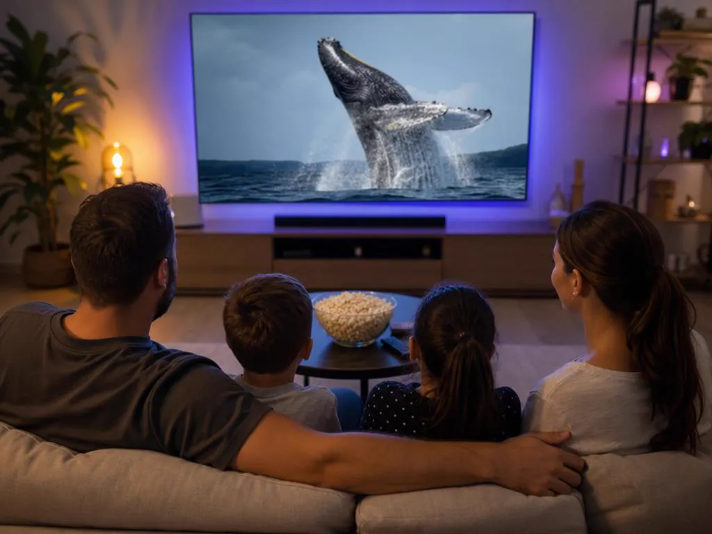 Family watching a whale documentary on a big TV