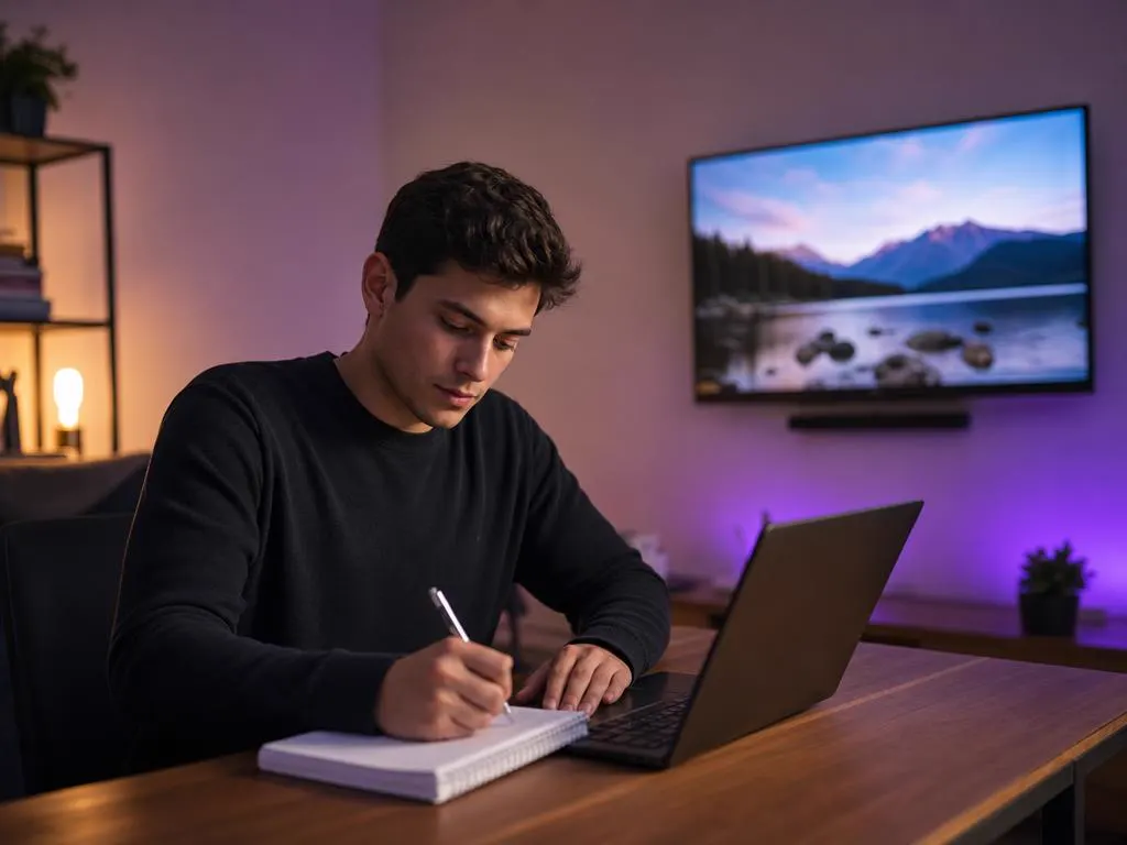 Man taking notes from an IPTV guide on his laptop