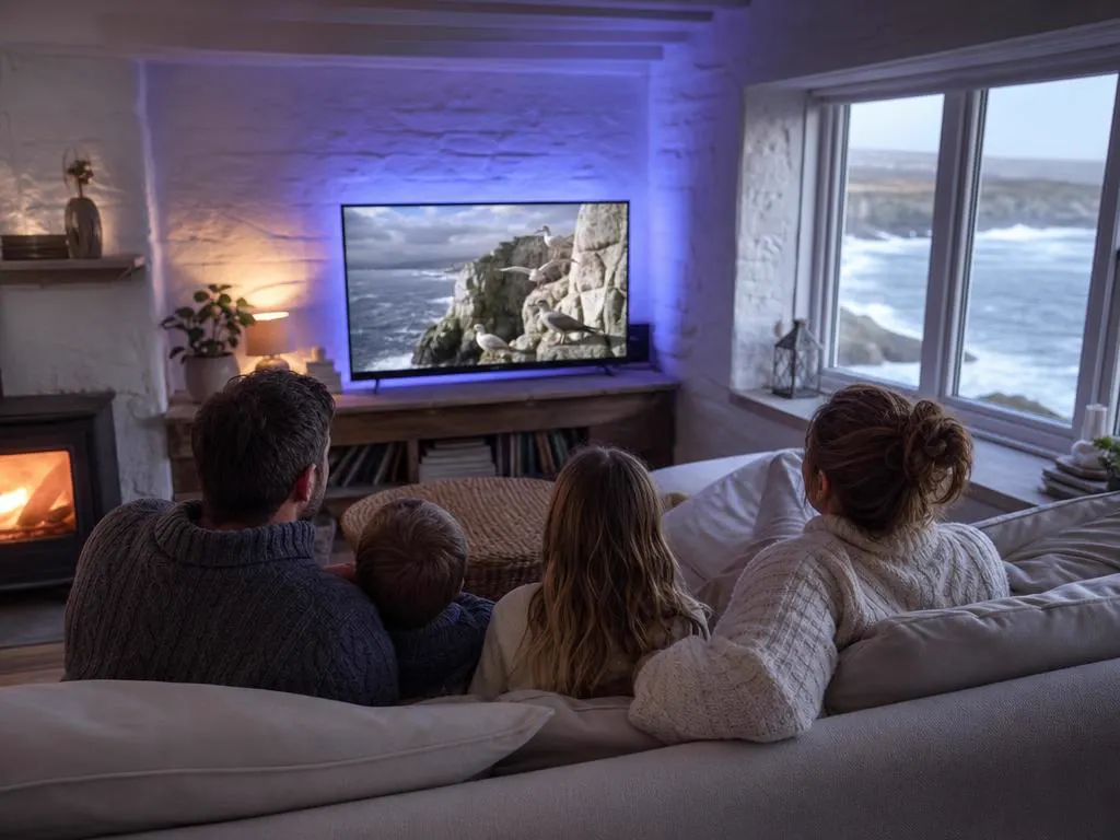 Cottage on the west coast with a TV showing a nature documentary and the Atlantic outside