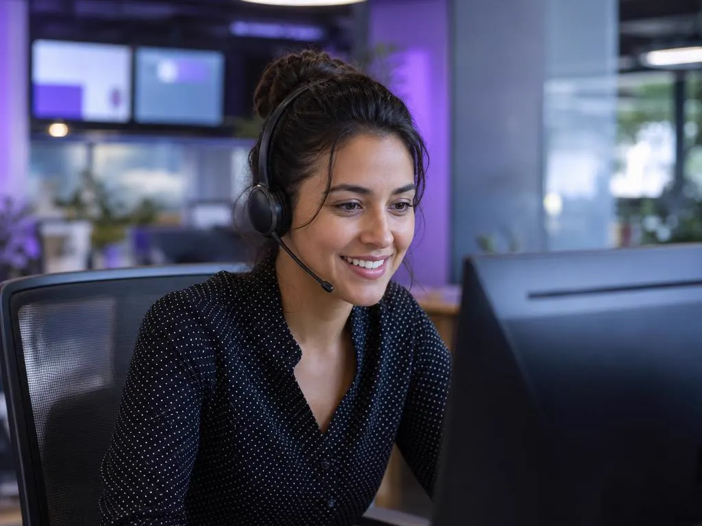 Friendly support agent with a headset helping a customer in a bright modern office