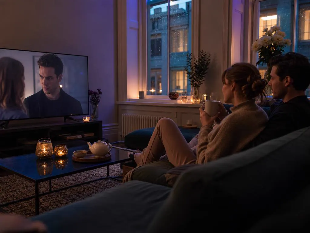 Young couple in a Dublin apartment watching a drama series on a rainy evening