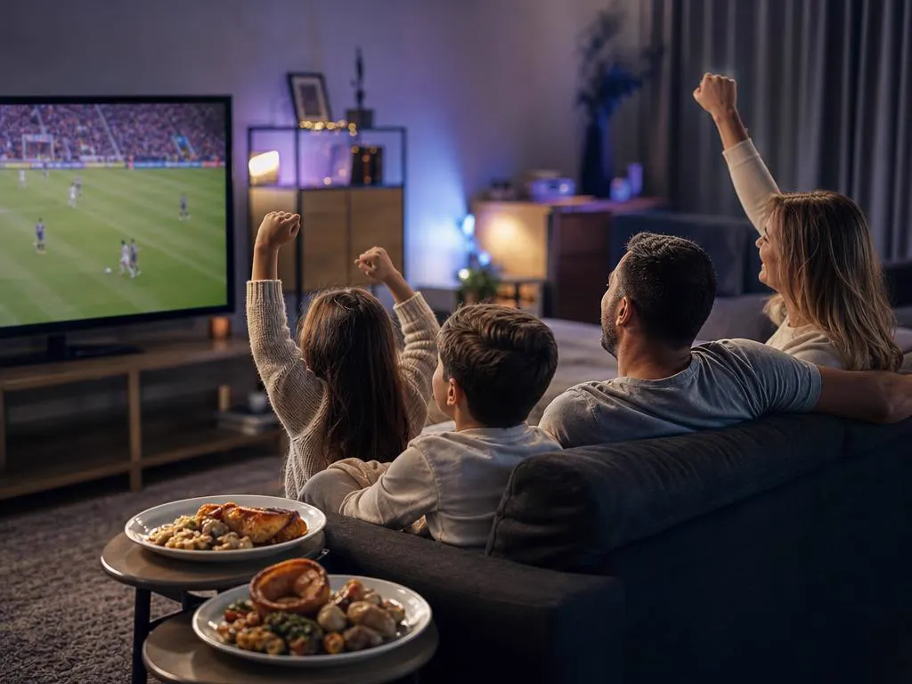 Family on a sofa watching a Sunday afternoon match together