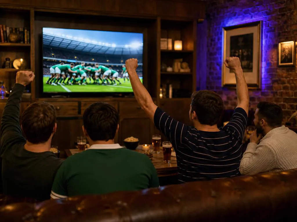 Friends in a Dublin pub-style living room cheering an international rugby match on a big TV