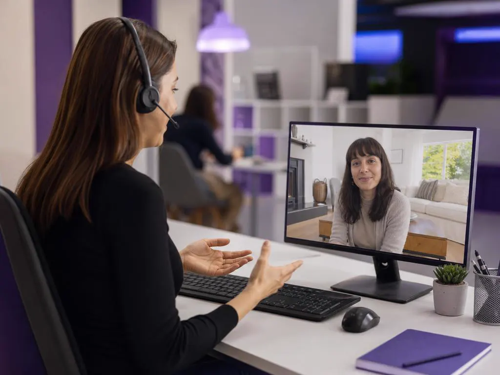 Friendly support agent with a headset helping a customer set up a TV at a cottage over a video call